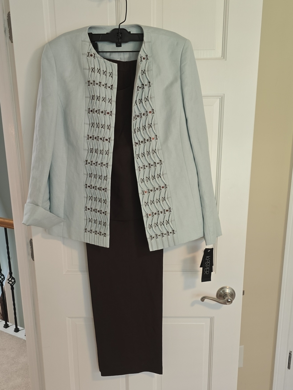 Kasper Light Teal Blue Embellished Open-Front Blazer